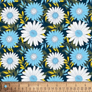 Daisy Delights Navy Blue Cotton Fabric By The Yard