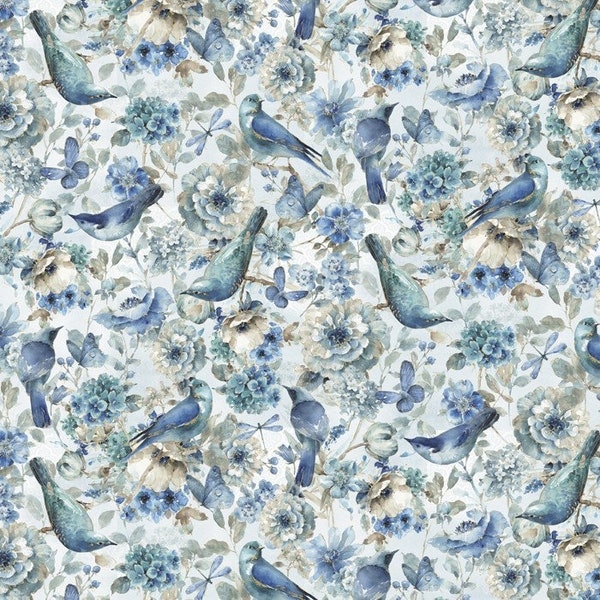 Blue Birds & Flowers Cotton Fabric