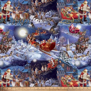 May include: A repeating fabric pattern featuring Santa Claus in a red suit, reindeer pulling a sleigh filled with gifts, and a snowy village at night under a full moon. A ruler at the bottom shows measurements in inches from 0 to 60 inches.
