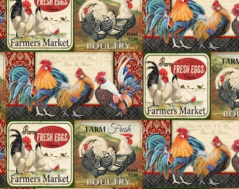 Farmers Roosters Cotton Fabric By The Yard