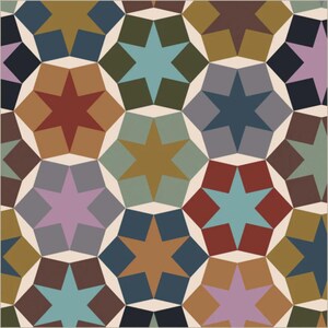 May include: A repeating geometric pattern with eight-pointed stars and square shapes. The design uses a palette of colours including blue, red, brown, green, and purple, set against a cream background. The pattern is symmetrical and visually appealing.