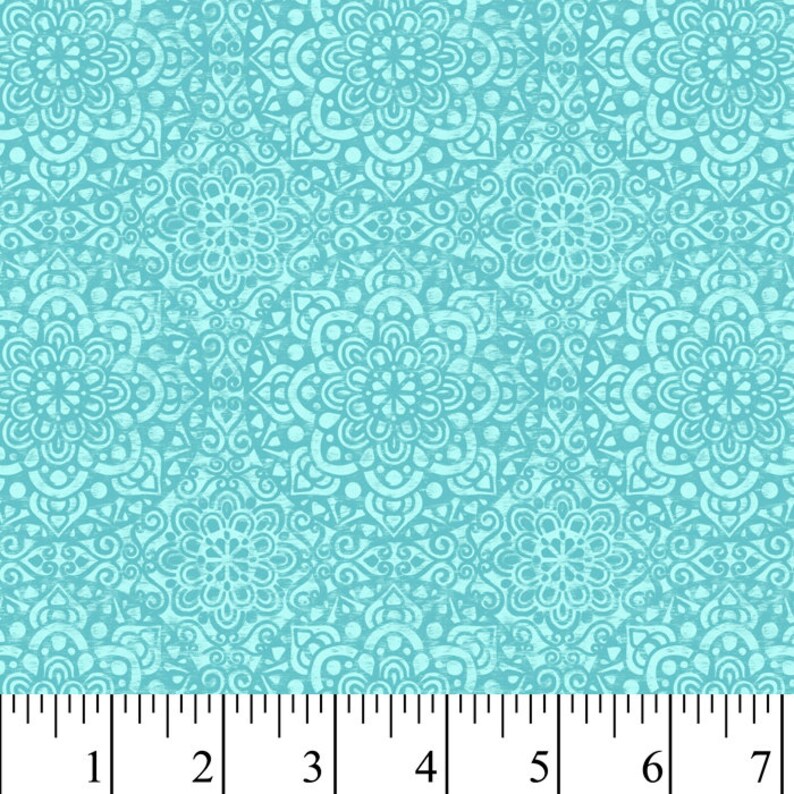 Medallions Aqua Cotton Fabric by the Yard Etsy