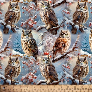 Owls Winter Snow Digital Cotton Print Fabric By the Yard