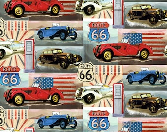 Cars Vintage American Route 66 Digital Cotton Print Fabric By the Yard