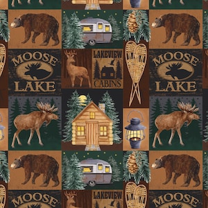 May include: A digital collage featuring a woodland theme with images of moose, bears, deer, cabins, and a vintage camper. The collage is made up of squares with a brown, green, and black color scheme. The text "Moose Lake" and "Lakeview Cabins" is featured on the collage.