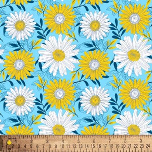 Daisy Delights Light Blue Cotton Fabric By The Yard