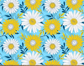 Daisy Delights Light Blue Cotton Fabric By The Yard