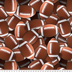 May include: A seamless pattern of brown and white footballs. The footballs are arranged in a random pattern, with some overlapping. The background is white.