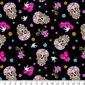 Day Of The Dead Black Cotton Fabric By The Yard, With Glitter