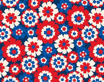 May include: A red, white, and blue floral pattern on a dark blue background. The pattern is made up of stylized flowers with multiple layers of petals.