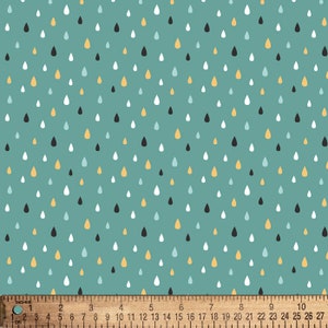 May include: Teal fabric with a repeating pattern of small, colorful raindrops. The raindrops are in shades of yellow, white, and black.