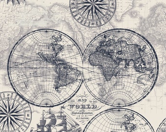 Map of the World Cotton Fabric By The Yard