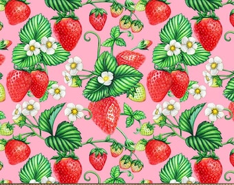 Strawberries Pink Cotton Fabric By the Yard