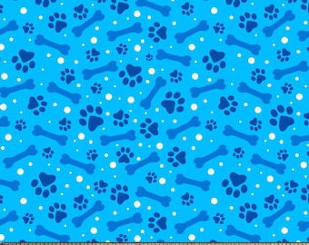 Pets Paw Prints and Dog Bones Blue Cotton Fabric By the Yard