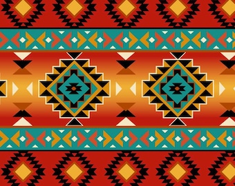 Op de afbeelding: Een naadloos patroon met een herhalend geometrisch ontwerp in tinten rood, oranje, geel, turquoise en zwart. Het patroon doet denken aan Native American kunst en textiel.