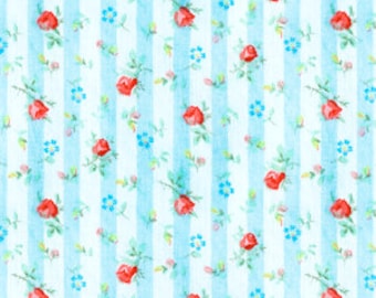 Blue Floral Stripe Cotton Fabric by the Yard, Precut 1 Yard Pieces