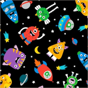 May include: A black background is filled with colorful cartoon monsters, planets, stars, and a crescent moon. The monsters are various colors, including blue, green, red, yellow, and purple. Some monsters have multiple eyes and teeth.