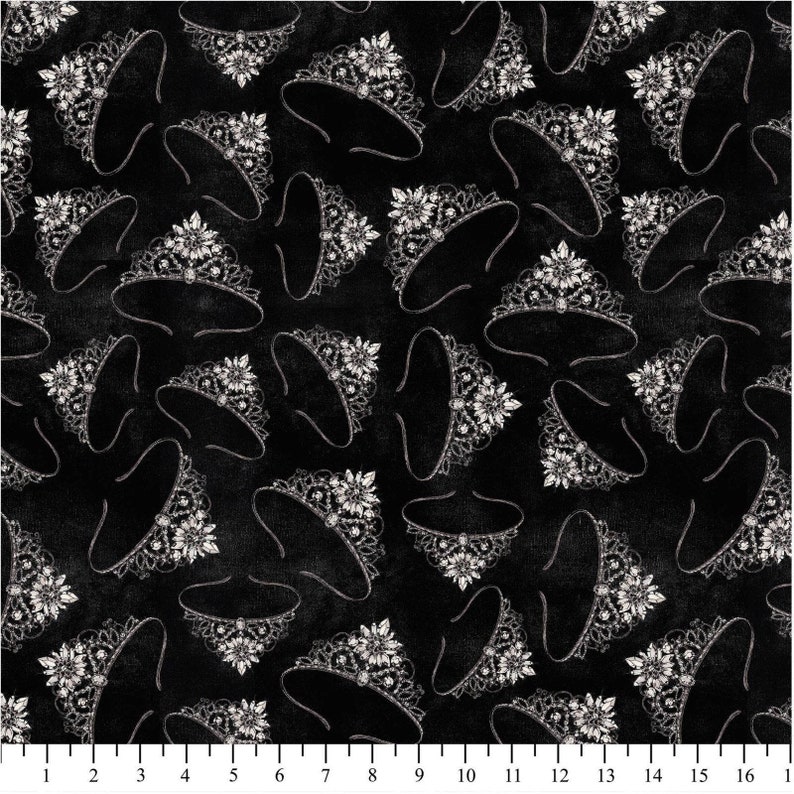 Glitter Tiaras Black Cotton Fabric By The Yard Etsy