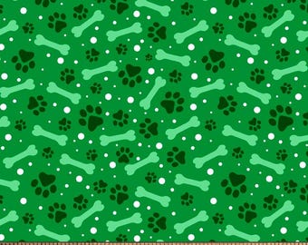 Pets Paw Prints and Dog Bones Green Cotton Fabric By the Yard