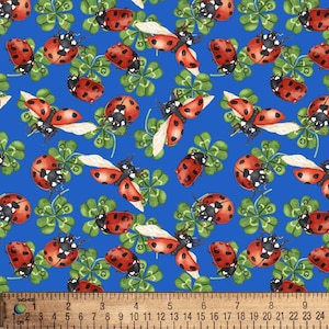 Ladybugs Lucky Clovers Blue Cotton Fabric By The Yard