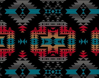 May include: A black background with a repeating geometric pattern in shades of red, orange, teal, and gray. The pattern is reminiscent of Native American designs.
