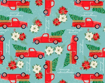 Tissu en coton Joyeux Noël avec des camions par mètre