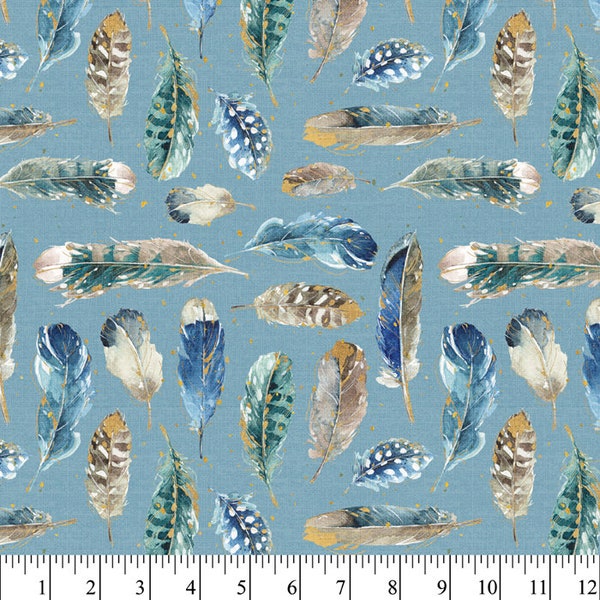 Painted Feathers Blue Cotton Fabric by the Yard, Precut 1 Yard Pieces