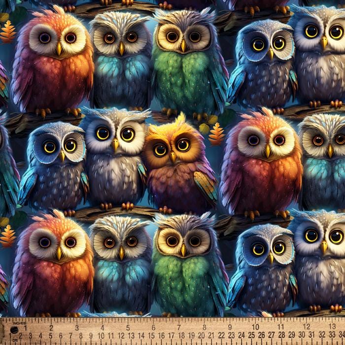Owls Colorful Birds Digital Cotton Print Fabric By the Yard