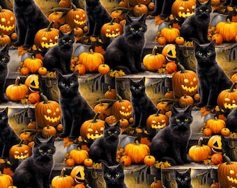 Tela de algodón con estampado digital de gato negro y calabazas de Halloween, cortada a medida.