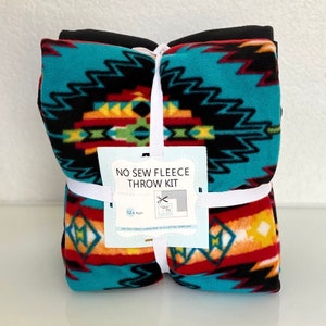 Aztec Stripe Turquoise Anti-Pill Fleece Fabric No-Sew Throw Kit (72x60)