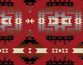 Op de afbeelding: Rode stof met een geometrisch patroon in tinten van bruin, zwart en wit. Het patroon doet denken aan Native American designs.