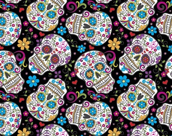 Folkloric Sugar Skulls Black Cotton Fabric By The Yard