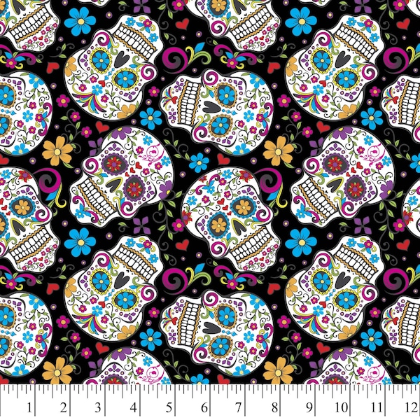 Folkloric Sugar Skulls Black Cotton Fabric By The Yard