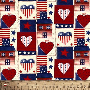May include: Red, white, and blue fabric with a patchwork design featuring houses, stars, and hearts. The fabric has a vintage, Americana feel.