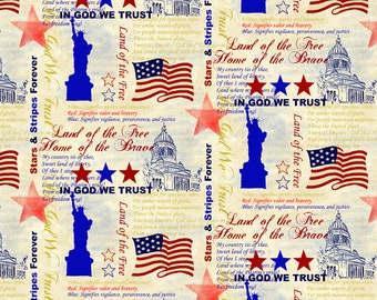 America, In God We Trust, with Metallic Cotton Fabric By the Yard