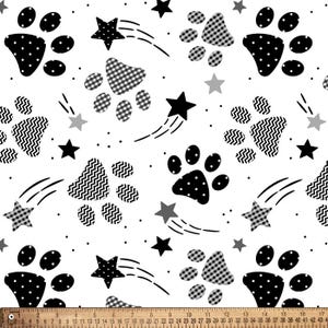 May include: Black and white seamless pattern featuring paw prints, stars, and shooting stars. The paw prints are in various patterns, including polka dots, stripes, and checkered.