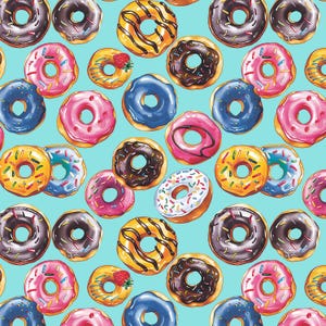 May include: A repeating pattern of various donuts on a light blue background. The donuts feature different glazes including chocolate, pink, yellow, and white, topped with colorful sprinkles, chocolate drizzles, and small red strawberry accents.