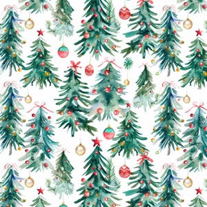 May include: Watercolor pattern of Christmas trees in various sizes. The trees are green with red and gold ornaments, red bows, and red star toppers. Some trees have striped ornaments. The background is white.