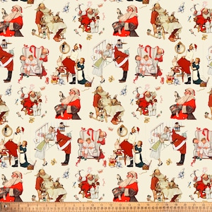 Santa & Family Christmas Norman Rockwell licensed by David Textiles Digital Cotton Fabric By The Yard