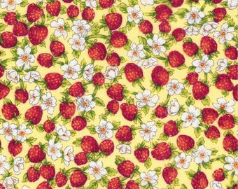 May include: A fabric featuring a repeating pattern of red strawberries and white flowers with green leaves on a yellow background. The design is closely packed and covers the entire surface.