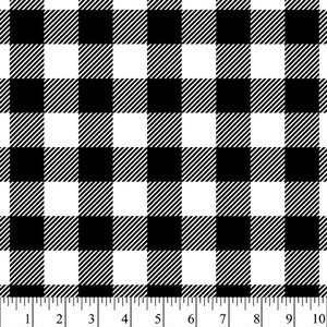 May include: Black and white buffalo plaid fabric with a white background and black squares. The fabric is measured in inches.