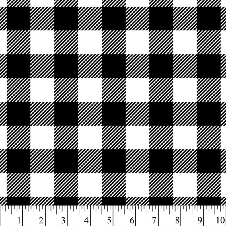 May include: Black and white buffalo plaid fabric with a white background and black squares. The fabric is measured in inches.