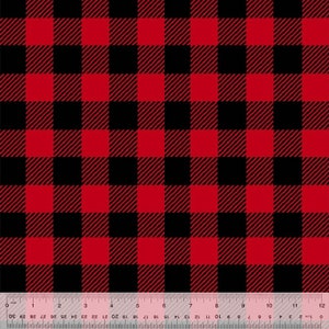 May include: Red and black buffalo check fabric. The fabric has a checkered pattern with a repeating design of red and black squares.