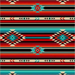 May include: A colourful textile pattern with horizontal stripes in red, orange, black, turquoise, and cream. Geometric diamond and arrow motifs are interspersed throughout the design, creating a Southwestern or Native American aesthetic.