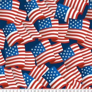 May include: A seamless pattern of American flags on a dark blue background. The flags are arranged in a random pattern and are all waving in the wind.