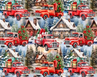Christmas Town Red Trucks Cotton Fabric By The Yard