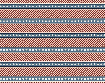 May include: A patriotic fabric pattern featuring alternating stripes of red and cream diagonal lines, separated by blue bands with white stars. The pattern repeats horizontally across the image, creating a visually appealing design.