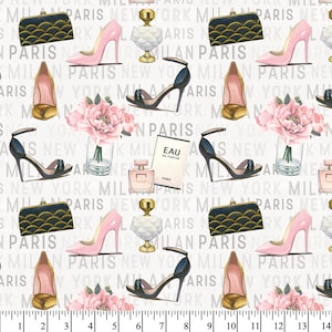 May include: A white background with a repeating pattern of black and gold clutches, pink high heels, black high heels, perfume bottles, and pink flowers in a clear vase. The text "MILAN PARIS NEW YORK" repeats throughout the pattern.
