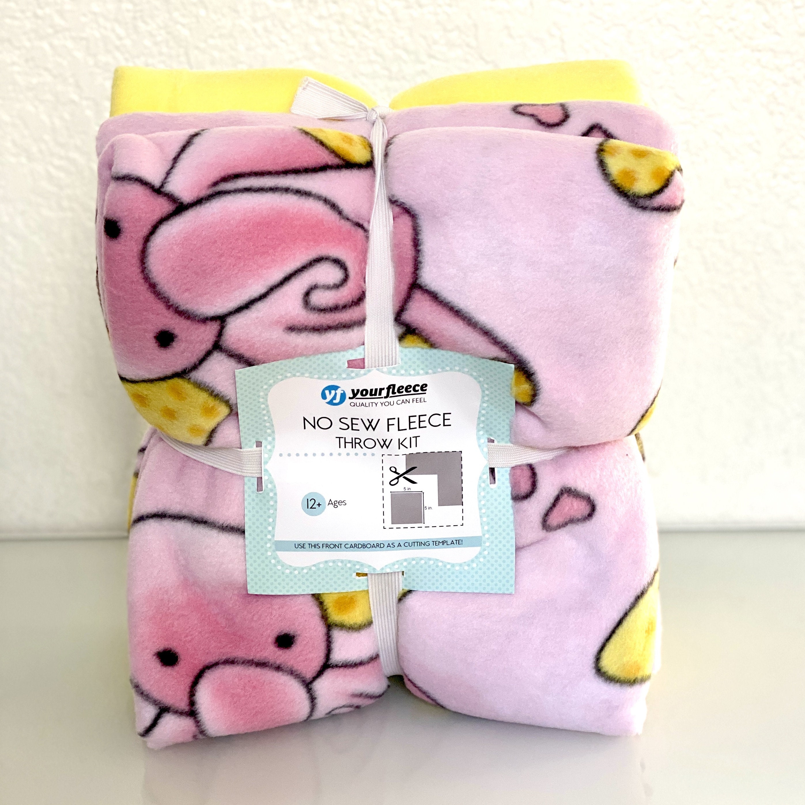 Elephants Pink Anti-pill Fleece Fabric No Sew Throw Kit 50x60 