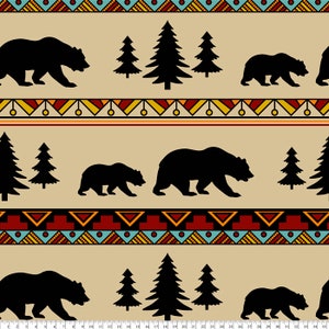 May include: A seamless pattern featuring black bears and pine trees on a beige background. The pattern is accented with a colorful geometric border.